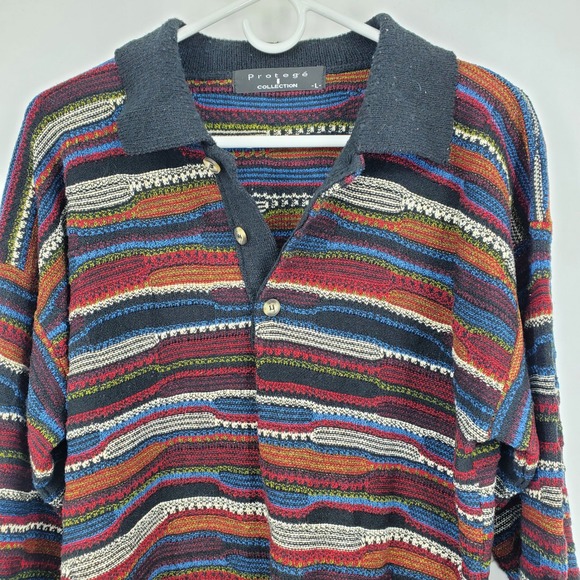 Vintage 90s Y2K Protege 3D Knit Abstract Henley Grunge Grandpa Sweater Large - Picture 7 of 8